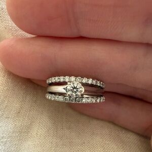Tolkowsky 14k White Gold Diamond Solitaire & Guard Ring Set – Size 5.5